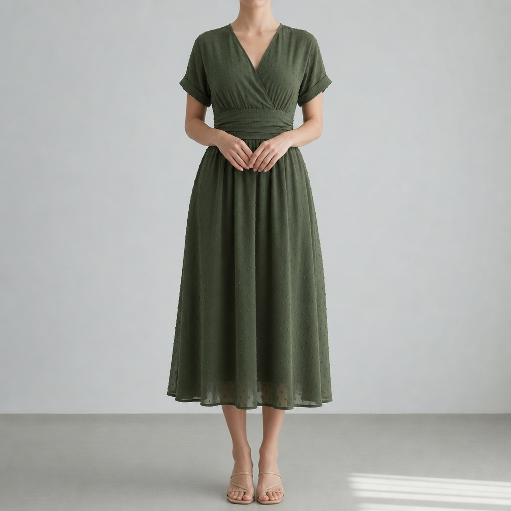 Peniscola Swiss Dot Wrap Midi Dress in Olive Green