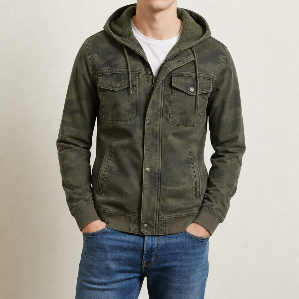 Gozo Camo Hooded Cargo Jacket in Olive Green