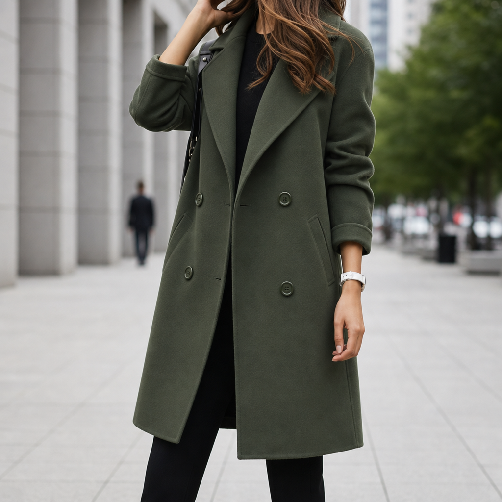 Noto Double Breasted Midi Coat in Army Green