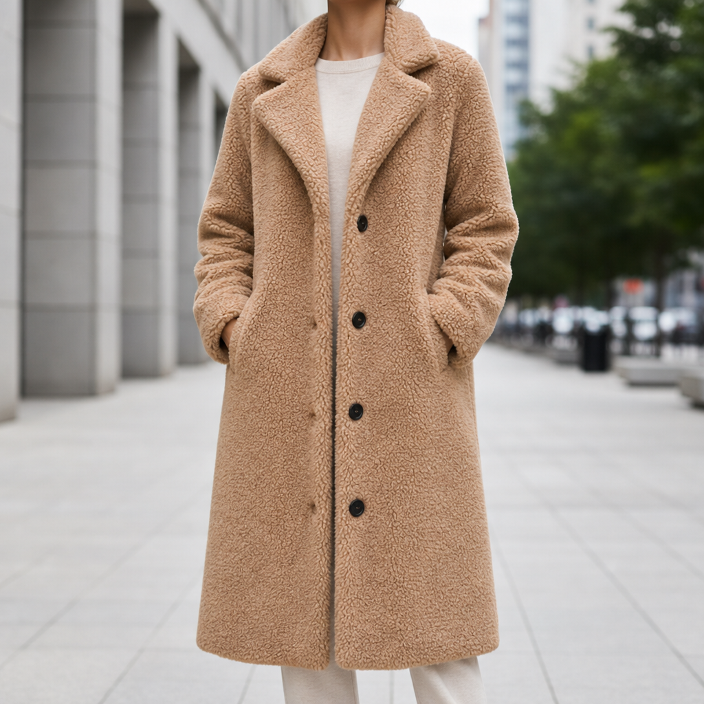 Eze Oversized Teddy Long Coat in Beige