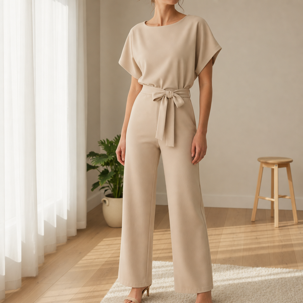 Antibes Belted Batwing Jumpsuit in Beige
