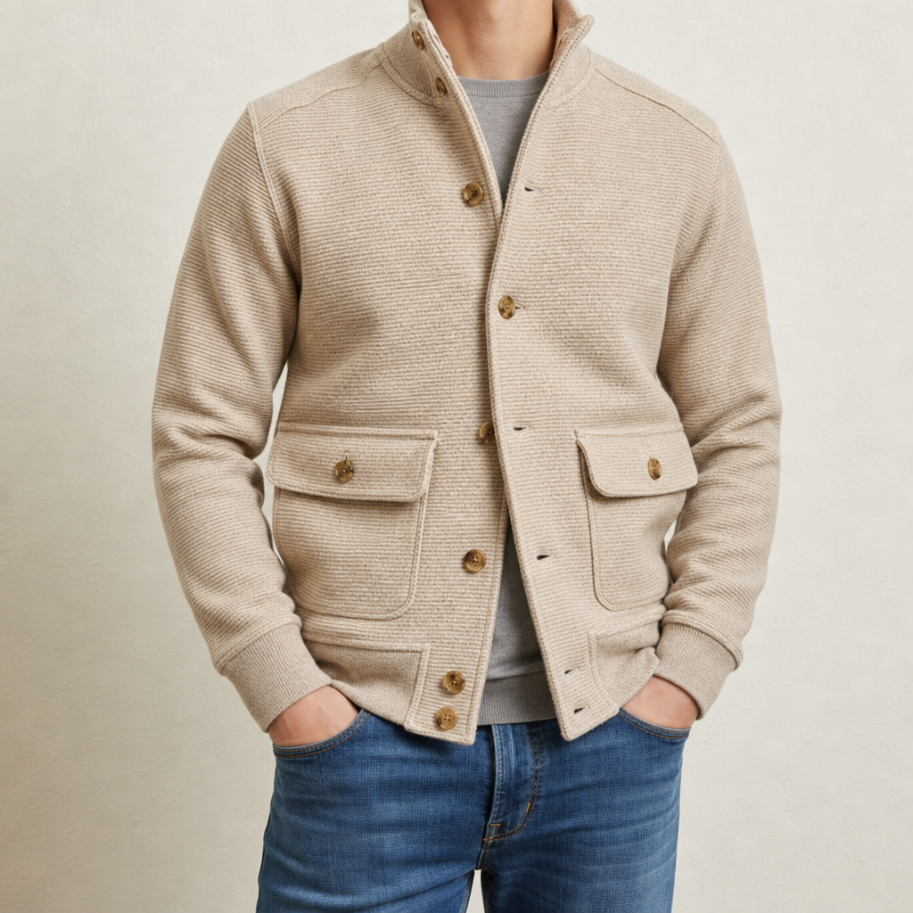Antequera Stand Collar Knit Jacket in Beige