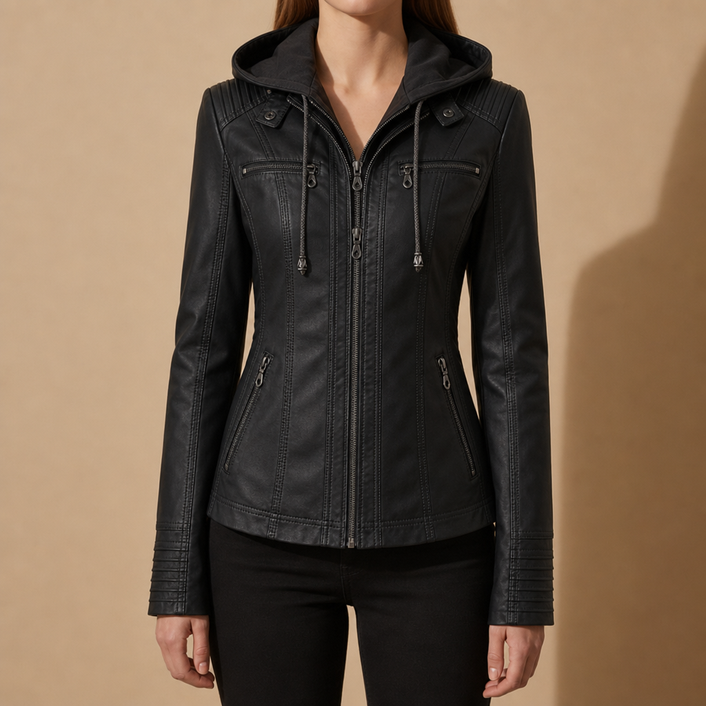 Trogir Hooded Faux Leather Jacket in Black