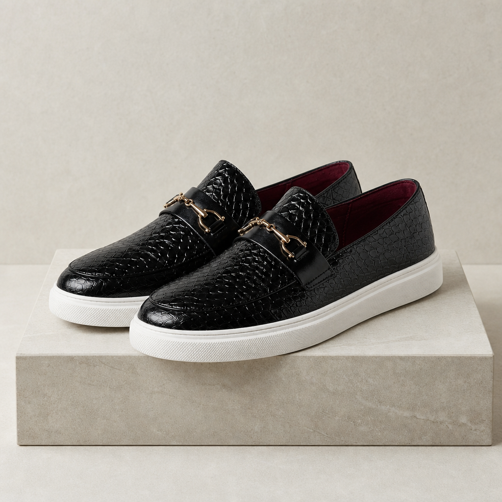 Arles Croc Embossed Loafers in Black