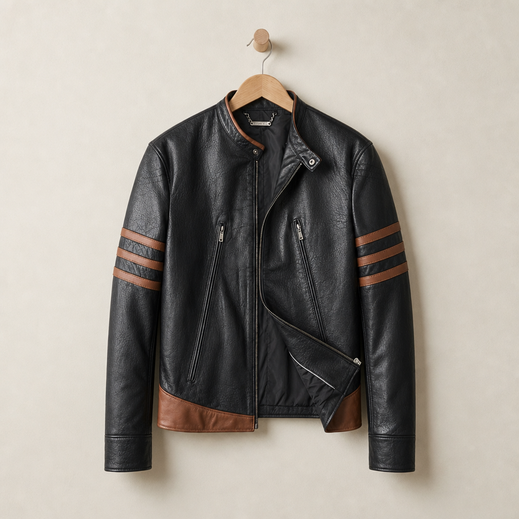 Vieste Striped Leather Biker Jacket in black