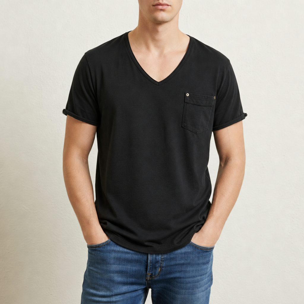 Beziers Deep V-Neck Pocket Tee in Black
