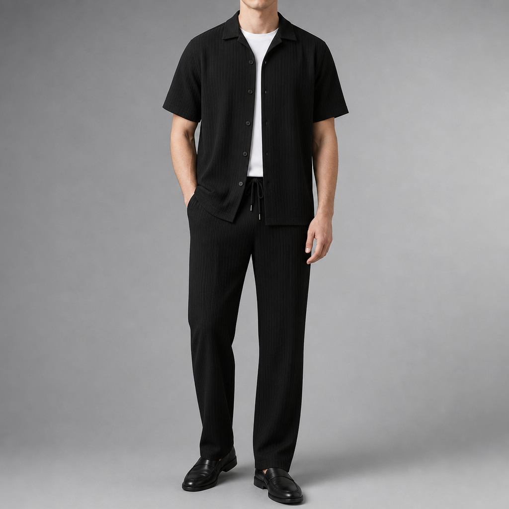 Kardamyli Ribbed Two-Piece Set in Black