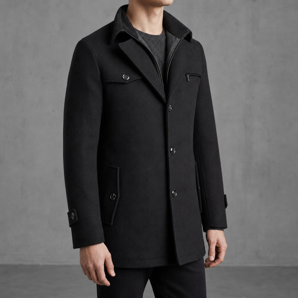 Modica Mid-Length Wool Pea Coat in Black