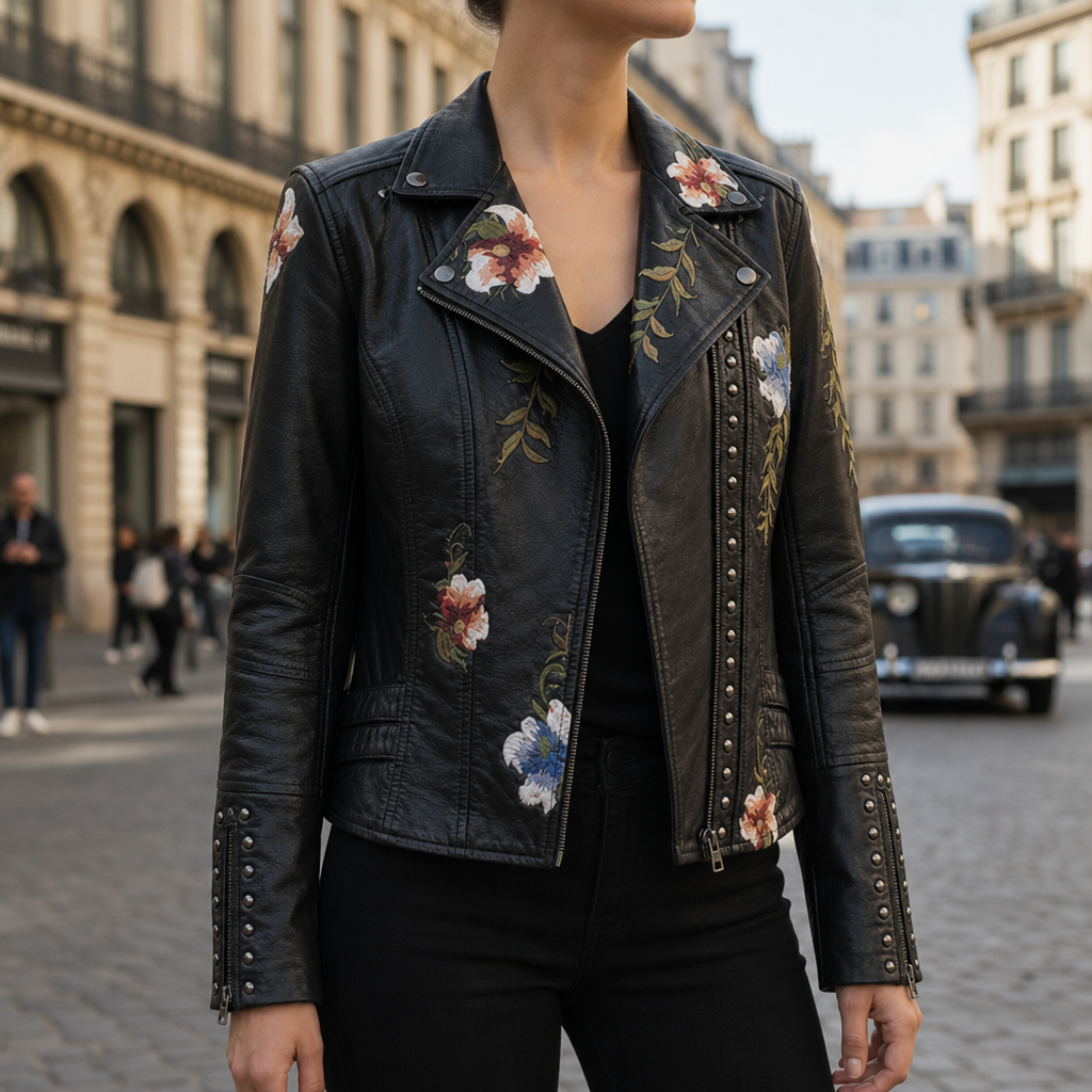 Murcia Floral Embroidered Moto Jacket in BLACK