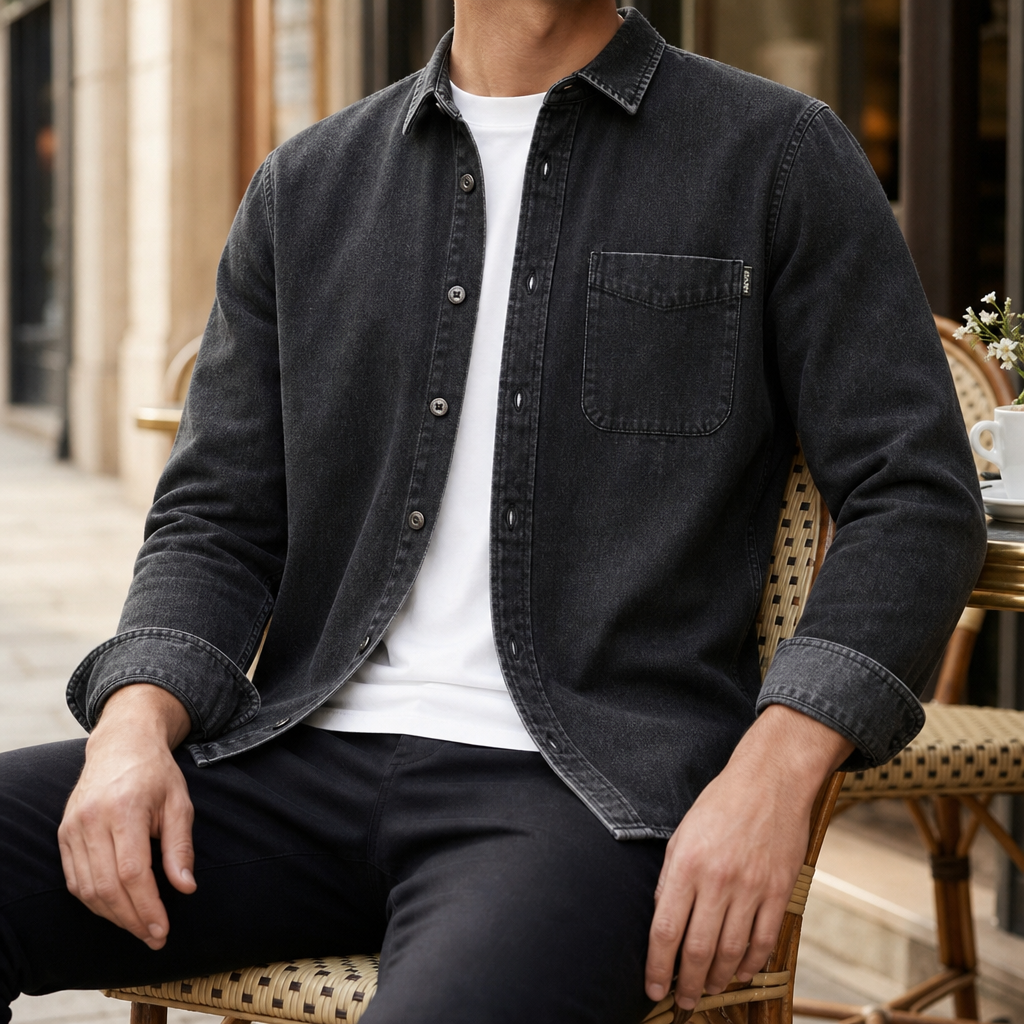 Folegandros Vintage Washed Denim Shirt in Black