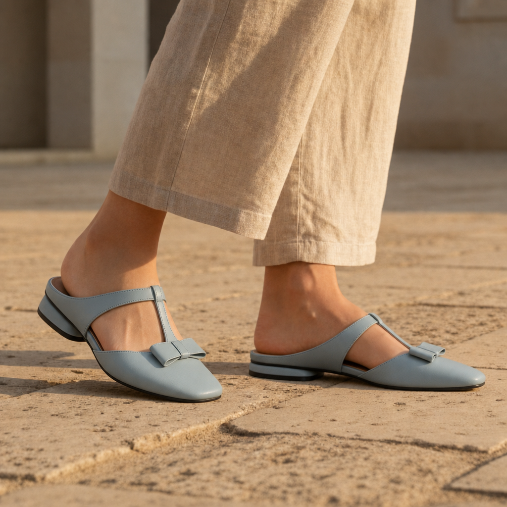 Collioure Bow T-Strap Mules in Blue