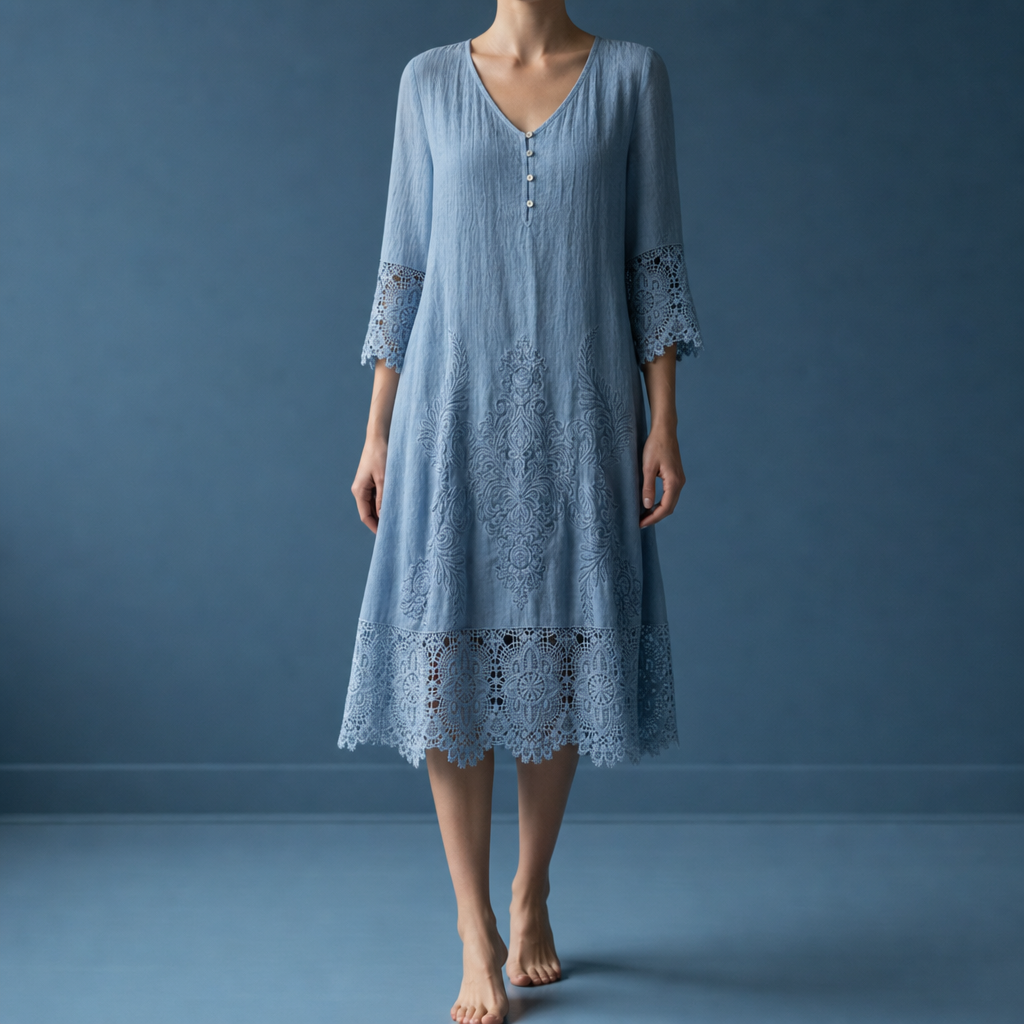 Hydra Lace Trim Midi Dress in Dusty Blue
