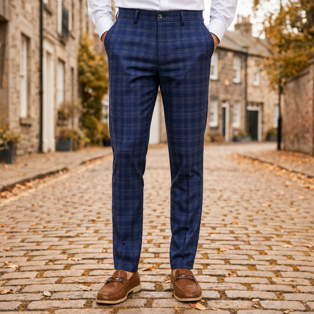 Volterra Slim Plaid Trousers in Blue