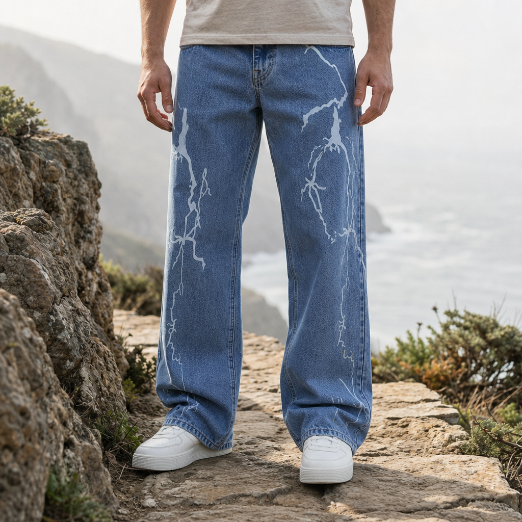 Beziers Lightning Print Denim Jeans in Blue