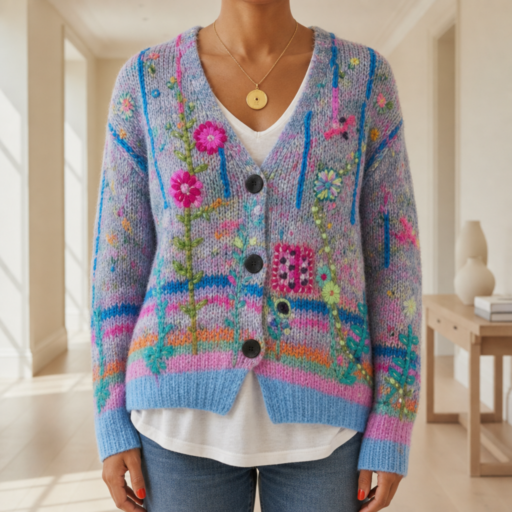 Trani Floral Embroidered Cardigan in Blue