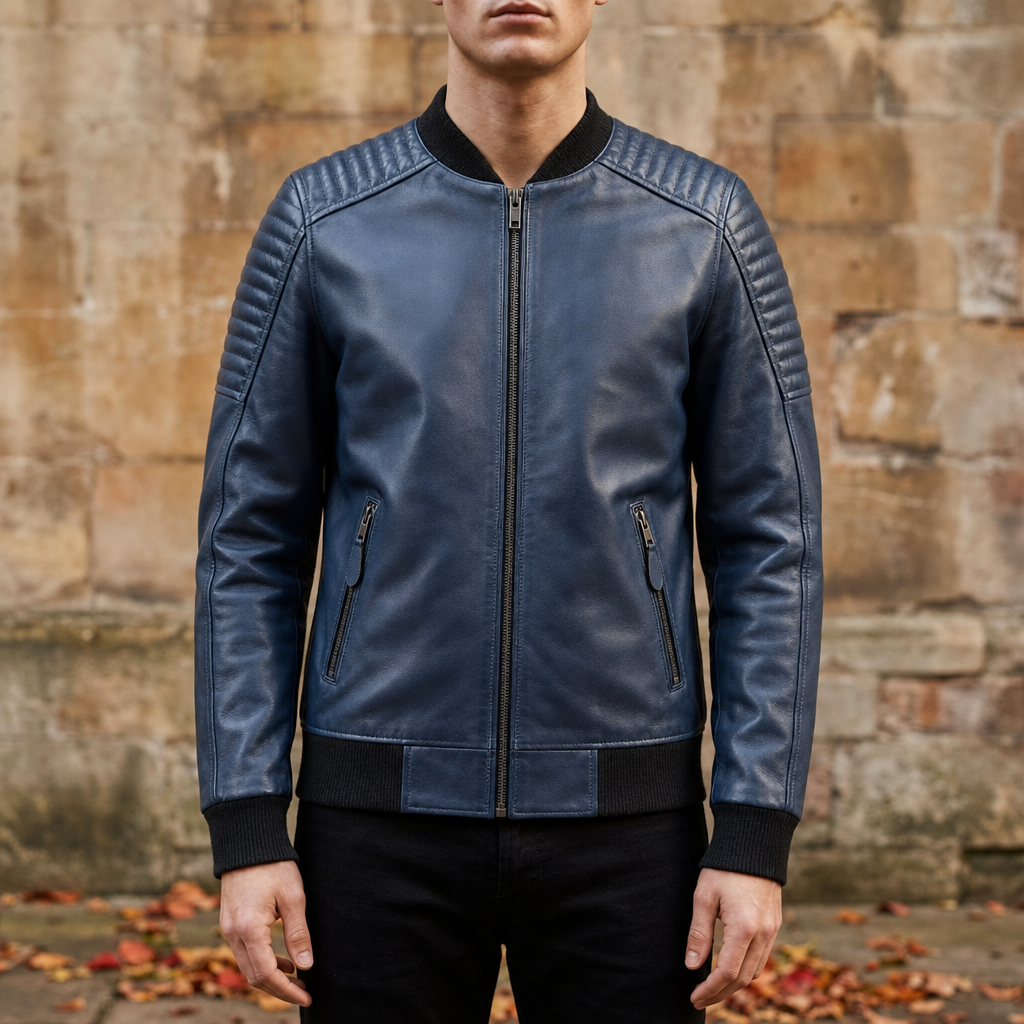Toledo Shearling Lined Leather Bomber in Blue