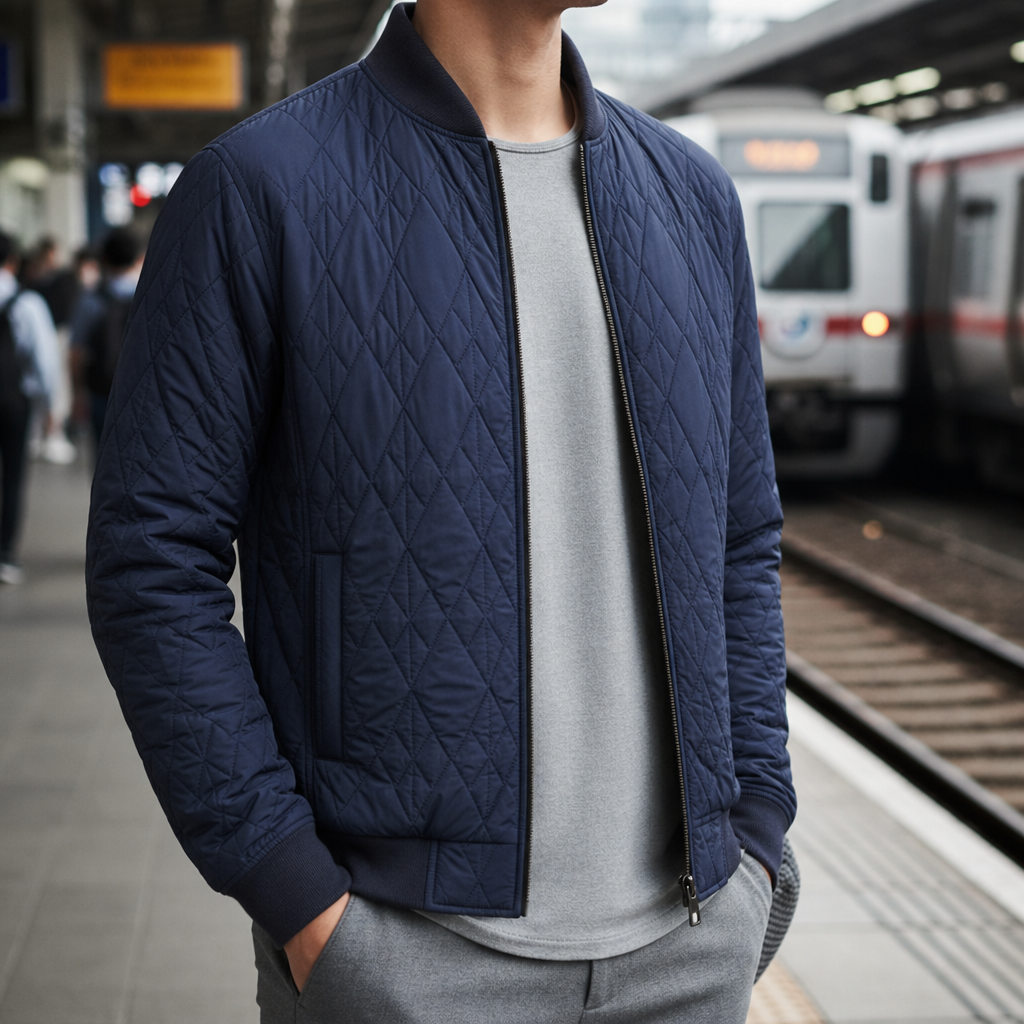 Imperia Quilted Diamond Bomber Jacket in Blue
