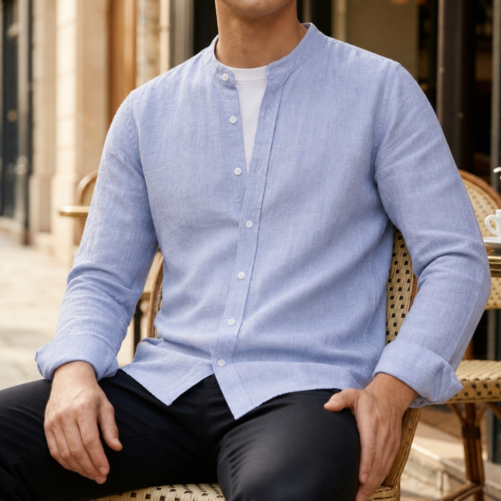 Sesimbra Linen Band Collar Shirt in Blue