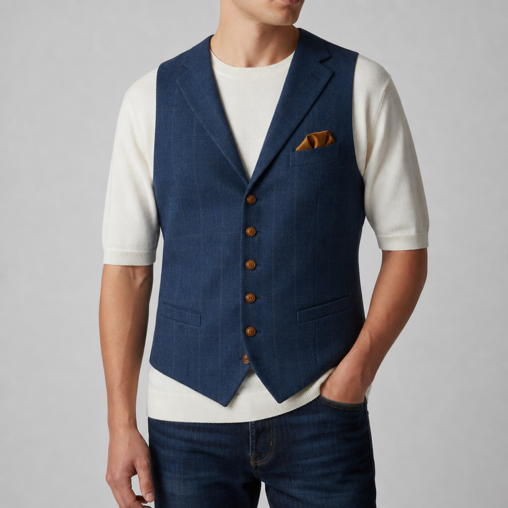 Sorrento Tweed V-Neck Waistcoat in Navy