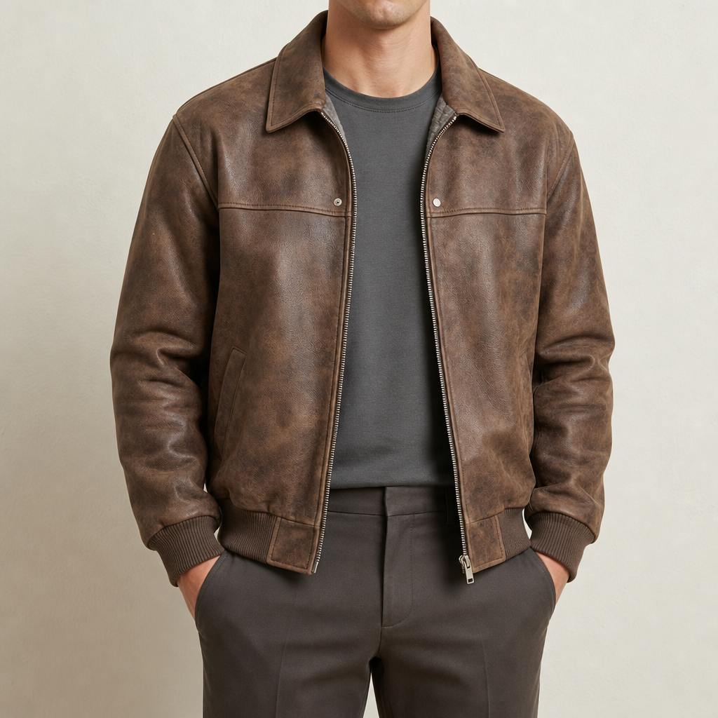 Merano Distressed Leather Bomber in Brown
