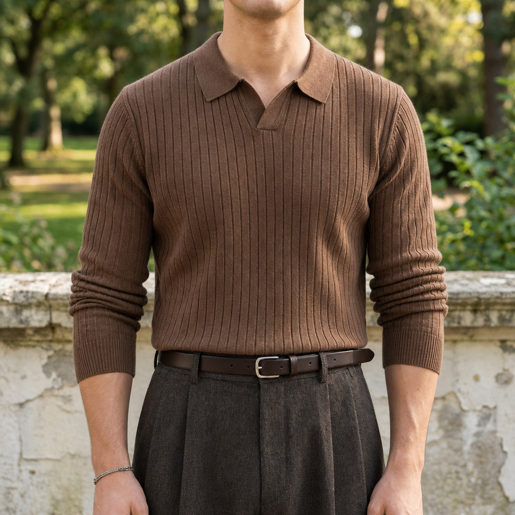 Caceres Ribbed Knit Polo in Brown