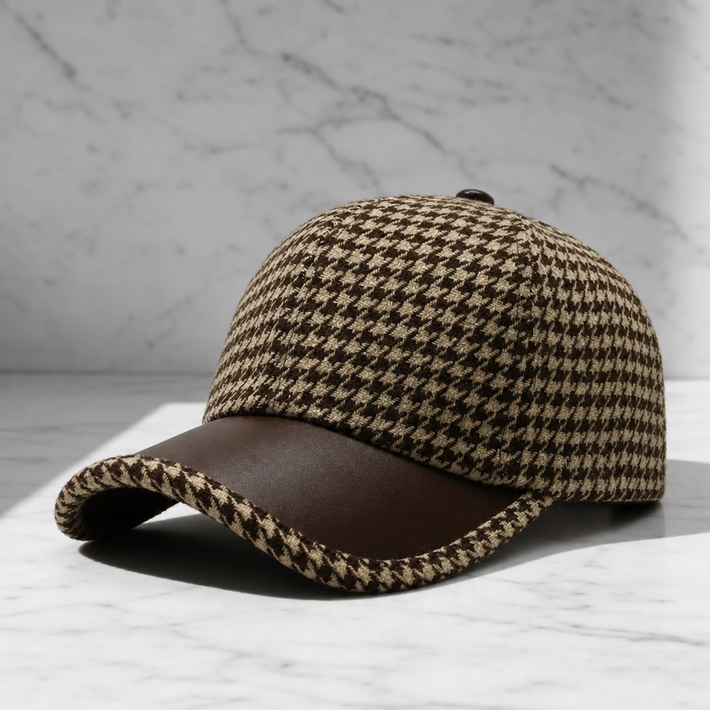Syros Houndstooth Leather Cap in Brown