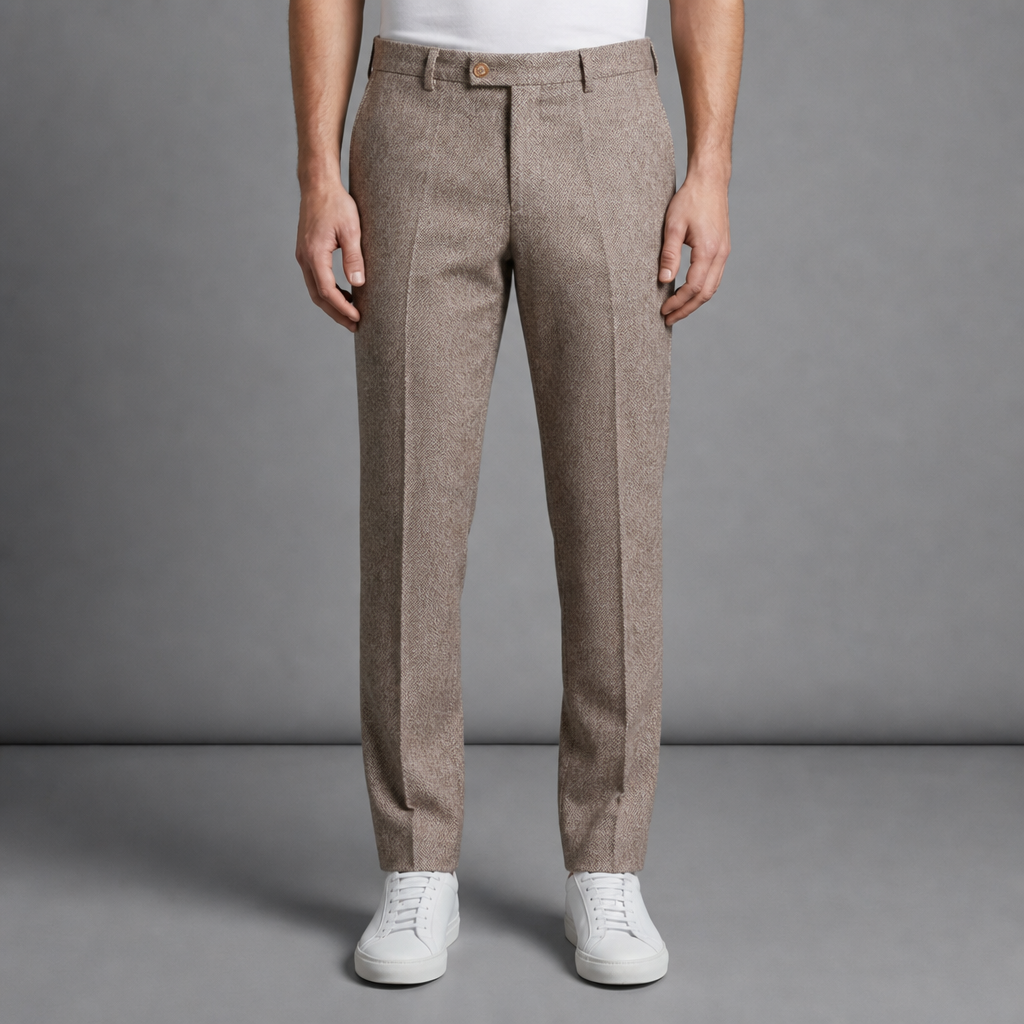 Hydra Herringbone Wool Trousers in Taupe Brown