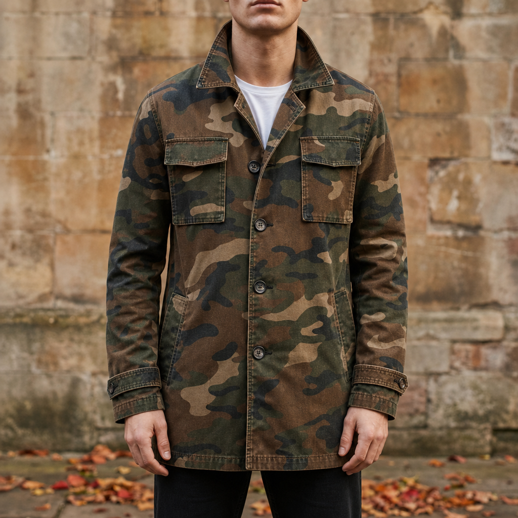 Formentera Camo Cargo Trench Coat in Brown