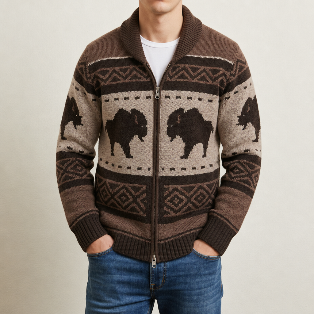 Spetses Bison Jacquard Zip Cardigan in Brown