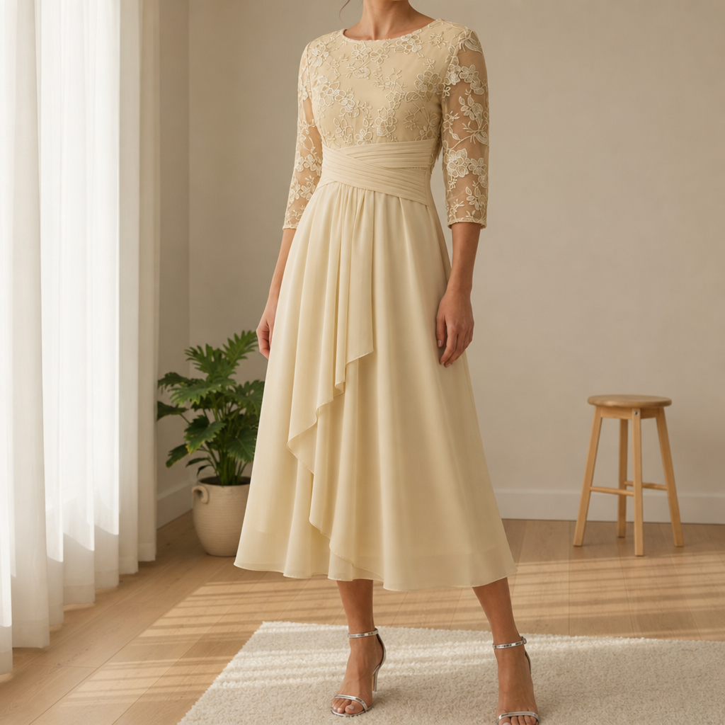 Figueres Lace Chiffon Midi Dress in Champagne
