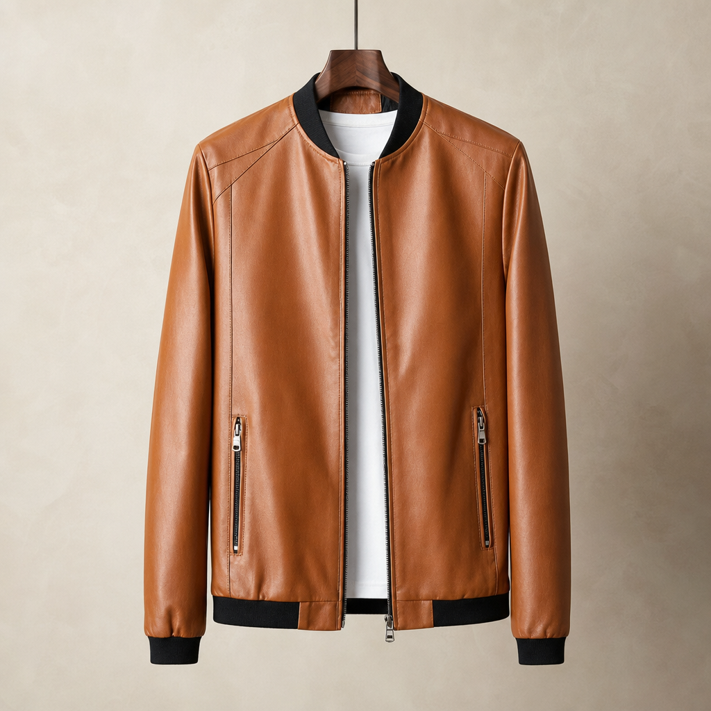 Rab Leather Bomber Jacket in Cognac Brown