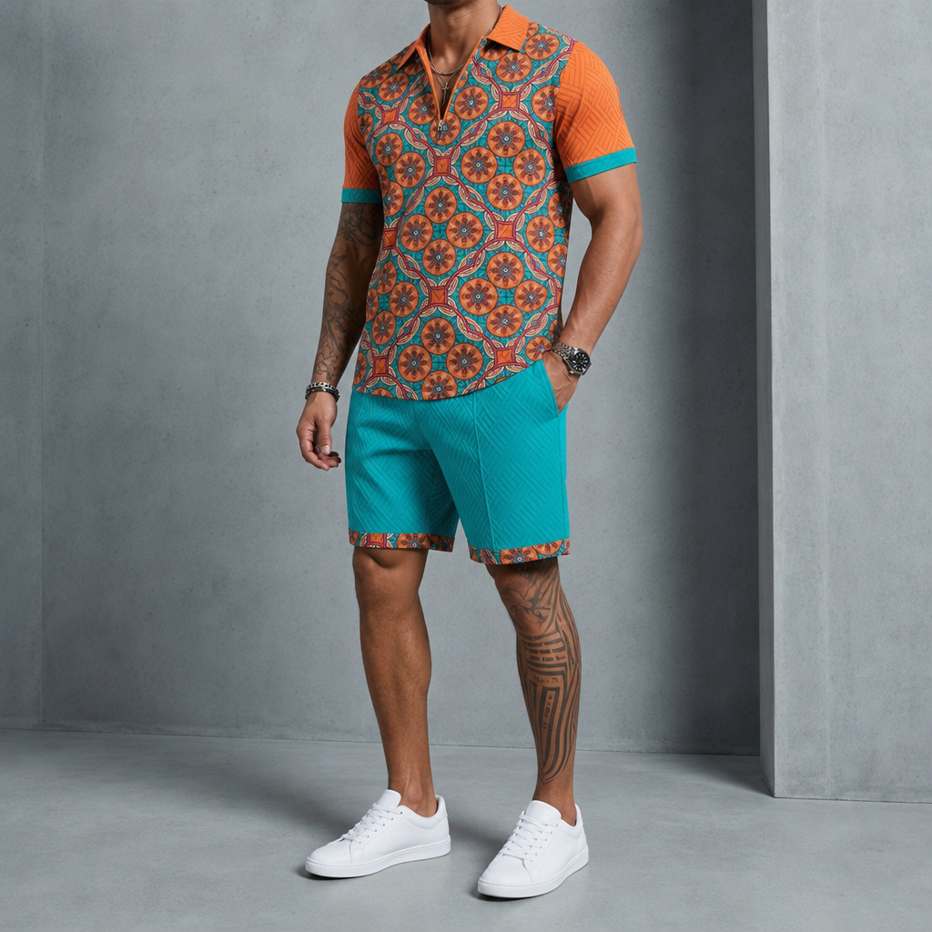 Opatija Printed Polo Co-Ord Set in Turquoise & Burnt Orange