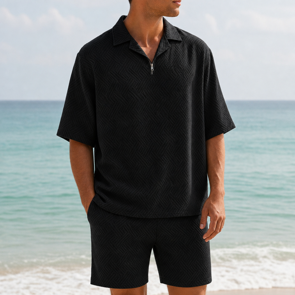 Tarragona Textured Polo Co-Ord Set in Black