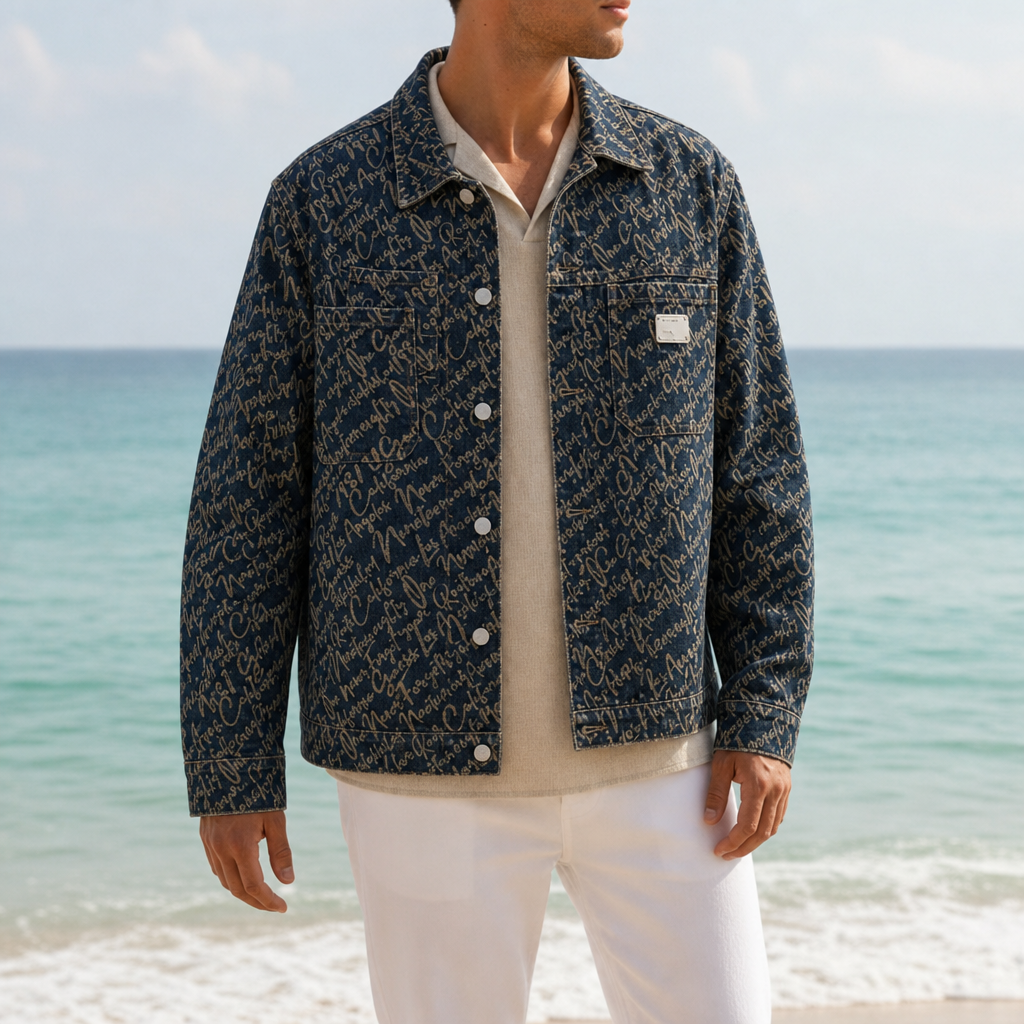 Skiathos Script Print Denim Jacket in Dark Indigo