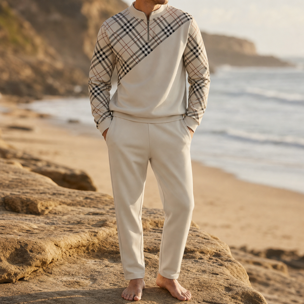 Hyeres Plaid Zip Tracksuit Set in Cream Ivory