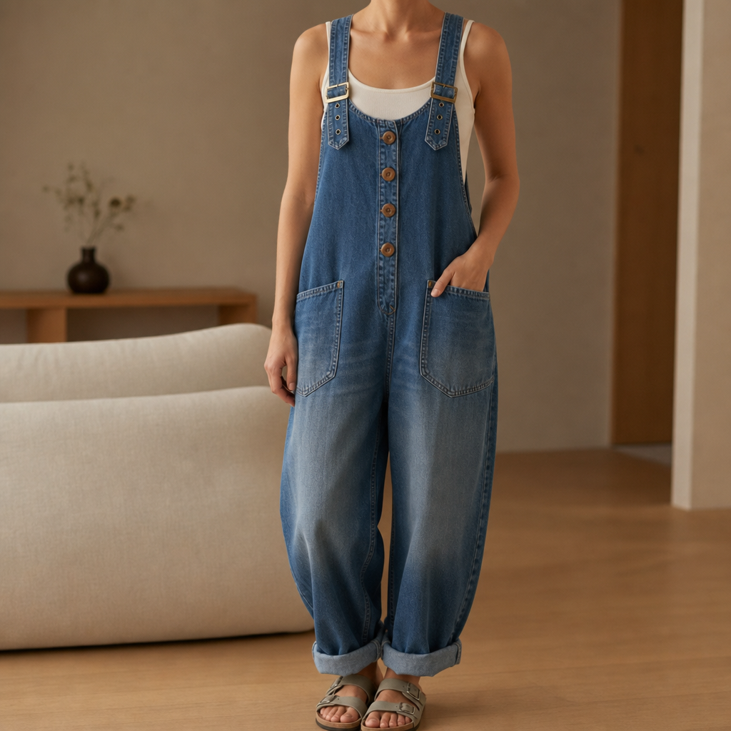 Porquerolles Wide-Leg Denim Overalls in Denim