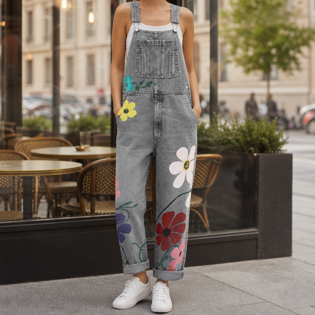 Birgu Floral Denim Overalls in Gray