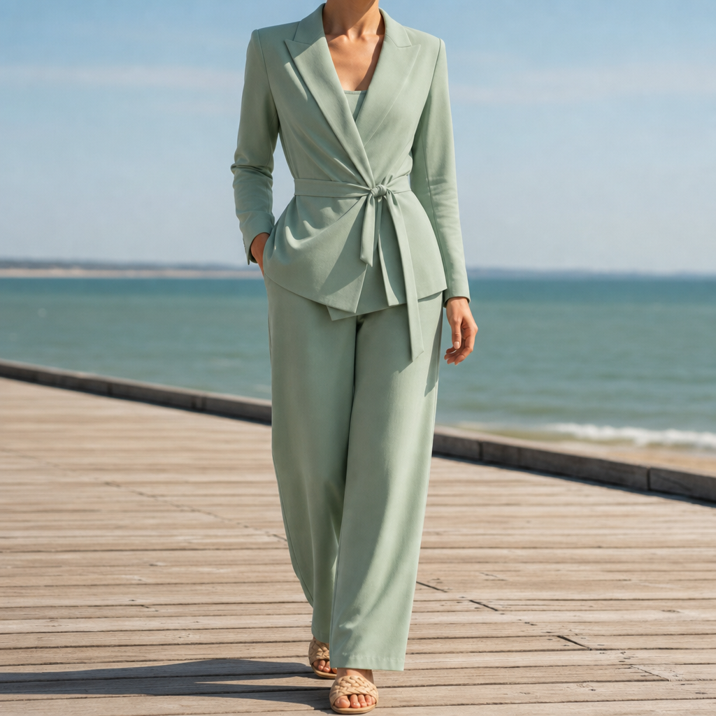 Roquebrune Belted Blazer Trouser Set in Green