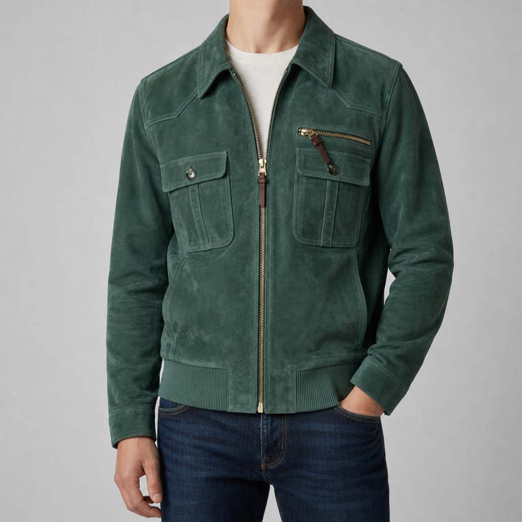 Gijon Retro Suede Bomber Jacket in Green