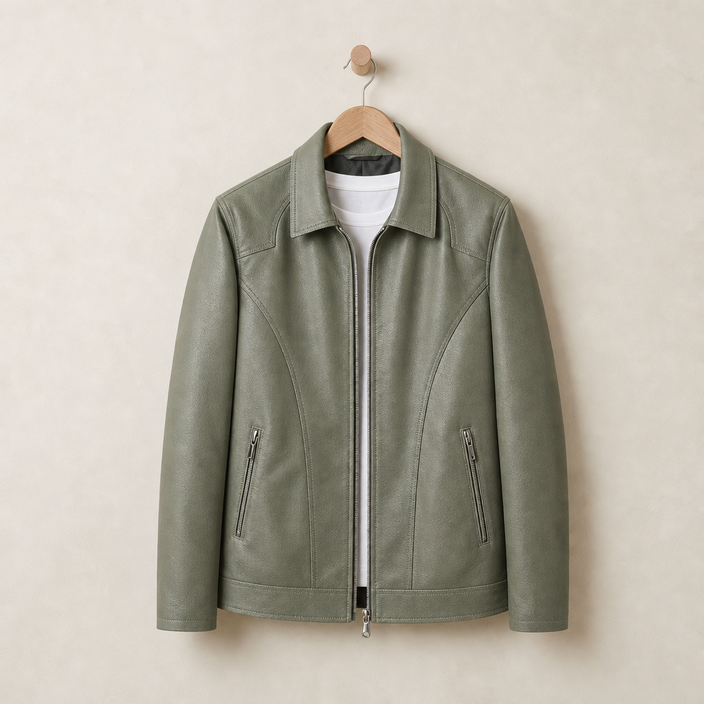 Calvi Classic Zip Leather Jacket in Mint Green