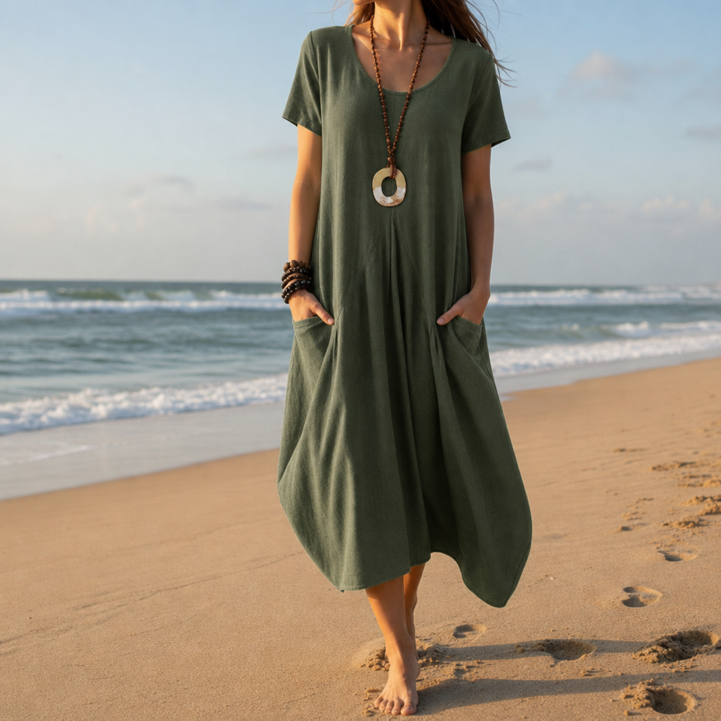 Trogir Pocket Relaxed Midi Dress in Olive Green
