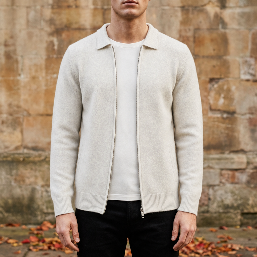 Assisi Cashmere Zip Cardigan in Ivory Stone