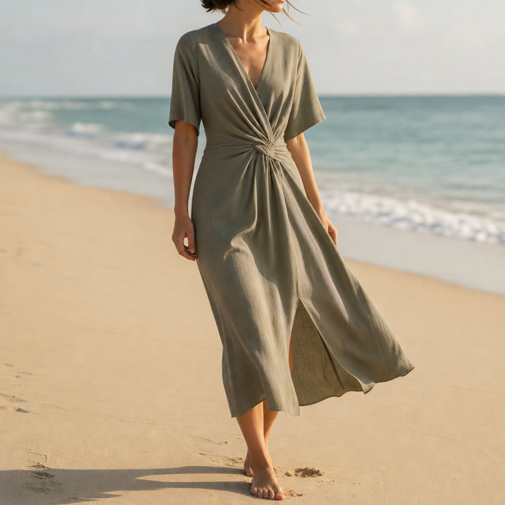 Tossa Twist Waist Midi Dress in Taupe