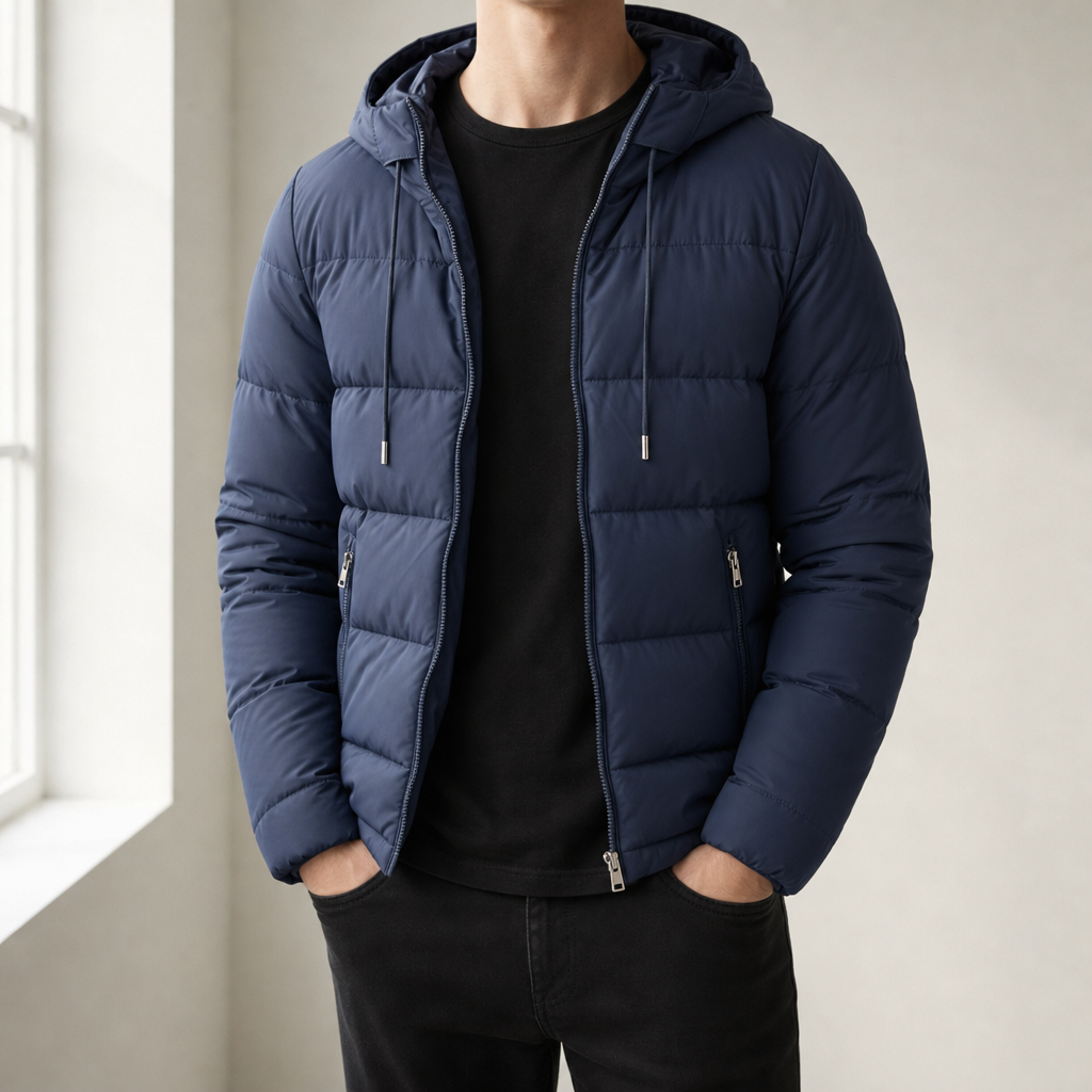 Serifos Hooded Quilted Puffer Jacket in Navy Blue