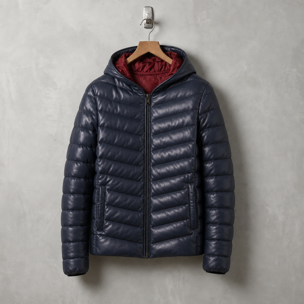 Otranto Hooded Leather Puffer Jacket in Navy