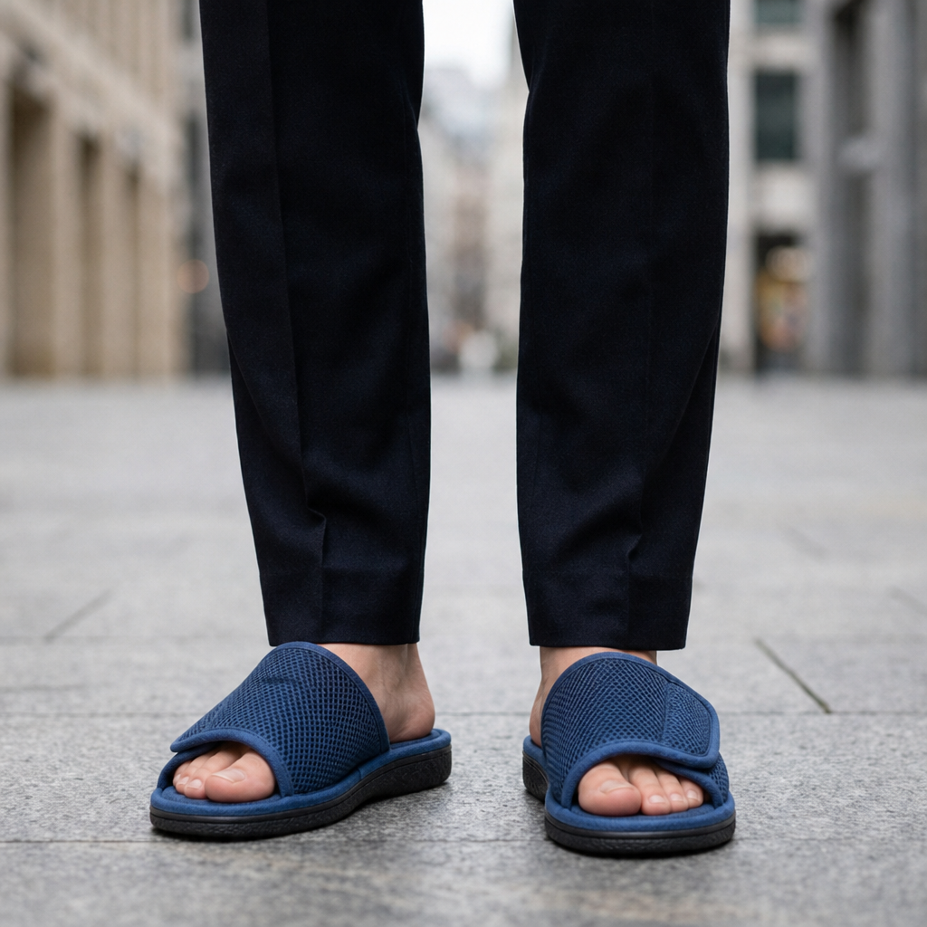 Evora Adjustable Mesh Slide Slippers in Navy