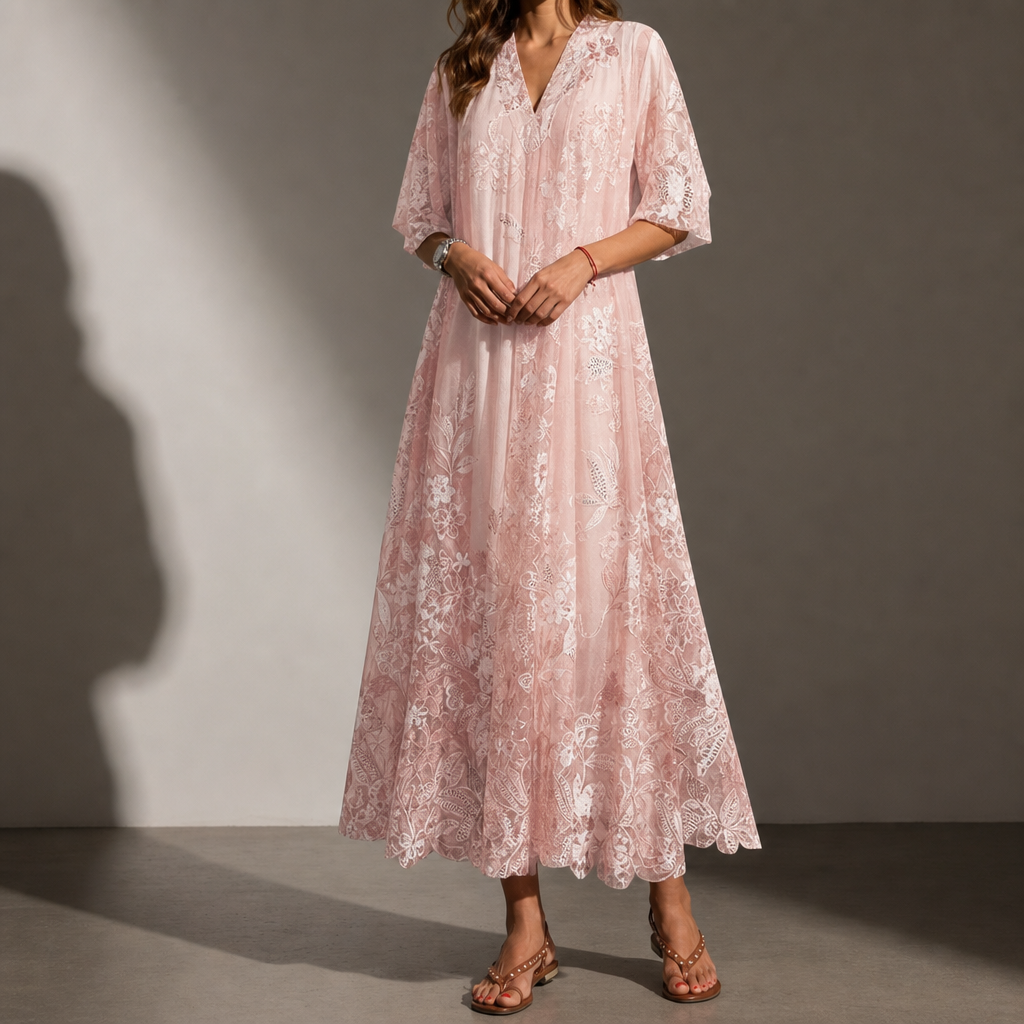 Aveiro Floral Boho Maxi Dress in Baby Pink