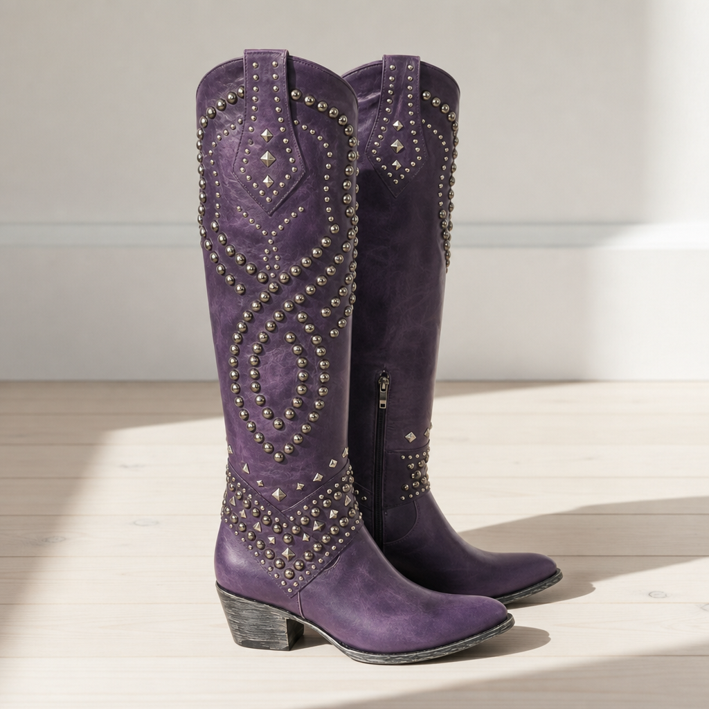 Sagres Studded Western Knee-High Boots in Purple