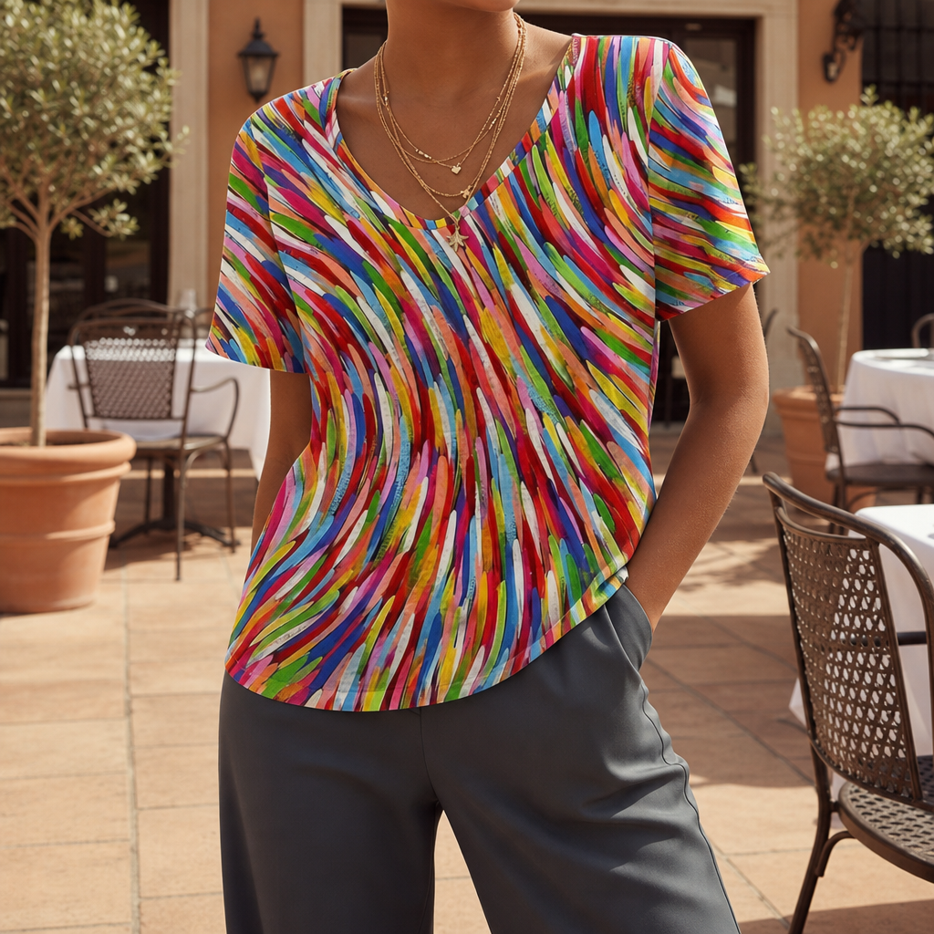 Mljet Rainbow Print V-Neck Top in Rainbow Stripe