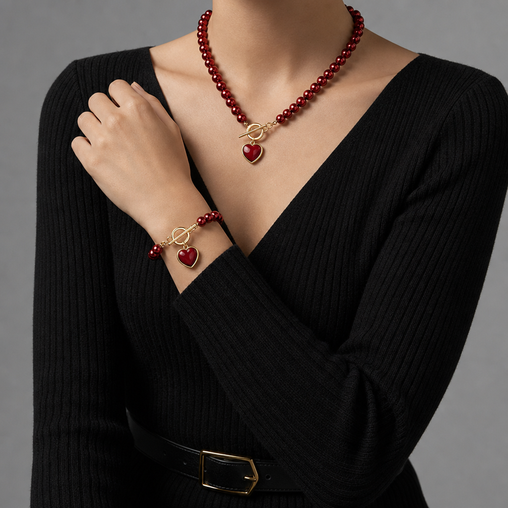 Formentor Red Pearl Heart Jewelry Set in Red